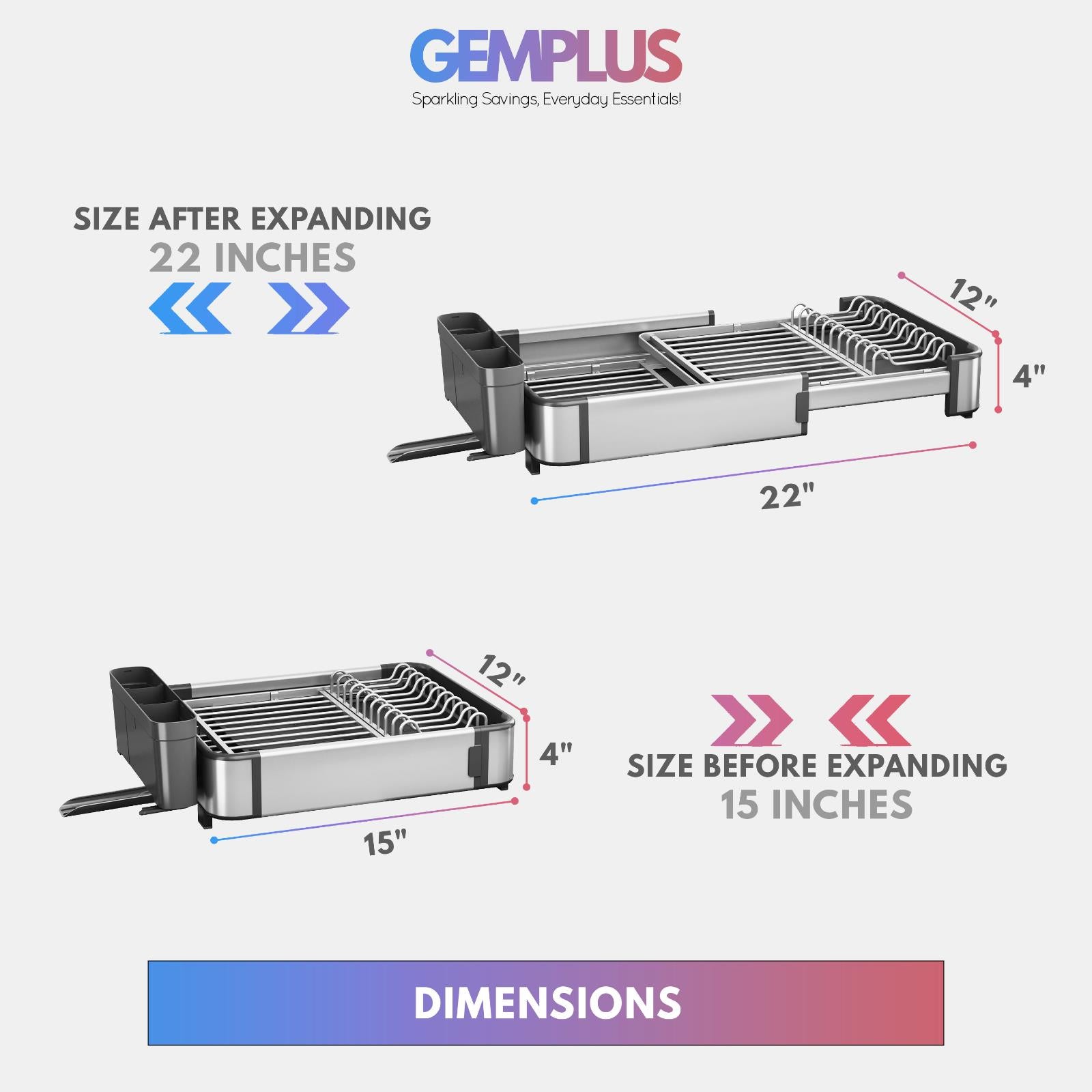 GEM+ | Expanding Dish Drying Rack with 3 Utensil Compartments - Rotatable Spout