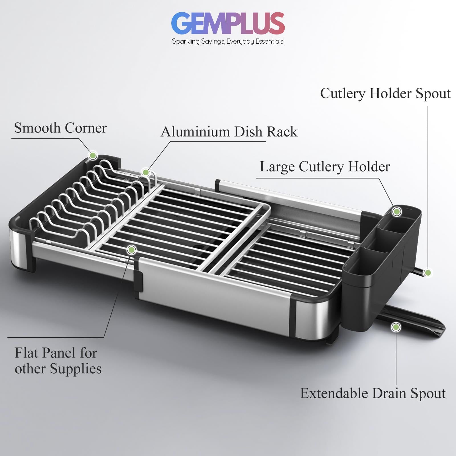 GEM+ | Expanding Dish Drying Rack with 3 Utensil Compartments - Rotatable Spout
