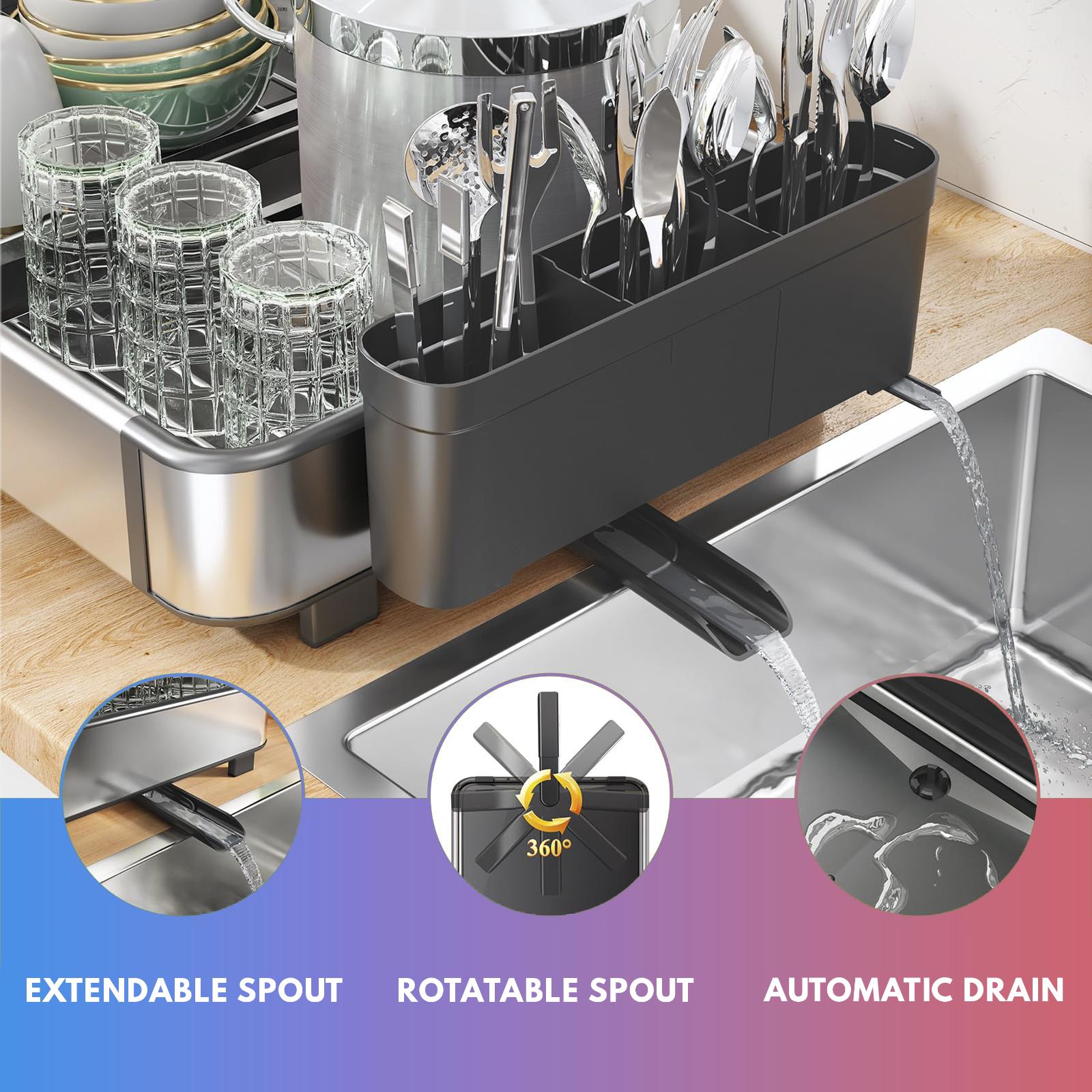 GEM+ | Expanding Dish Drying Rack with 3 Utensil Compartments - Rotatable Spout
