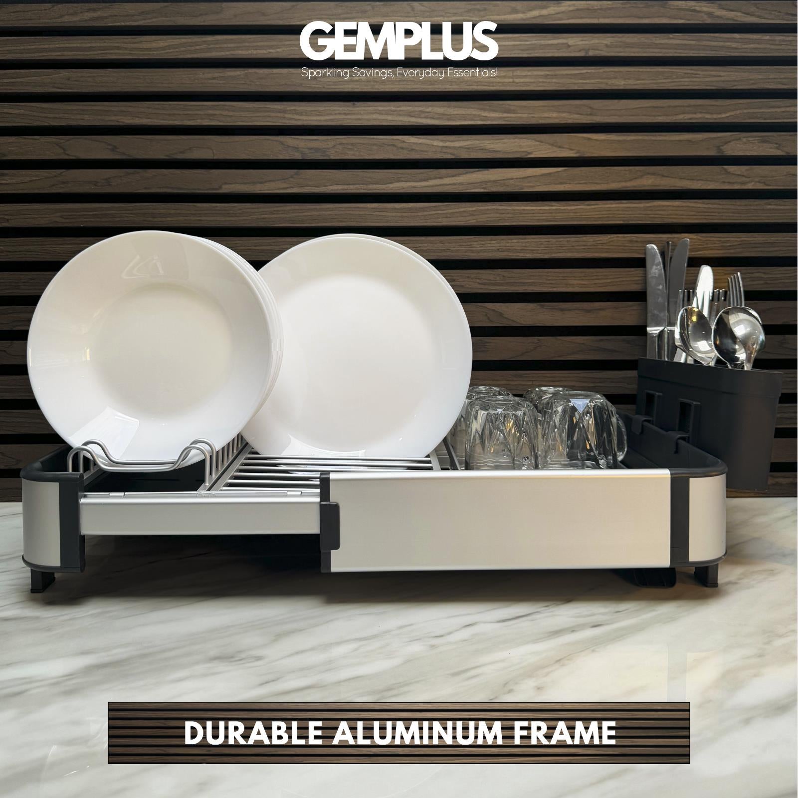 GEM+ | Expanding Dish Drying Rack with 3 Utensil Compartments - Rotatable Spout