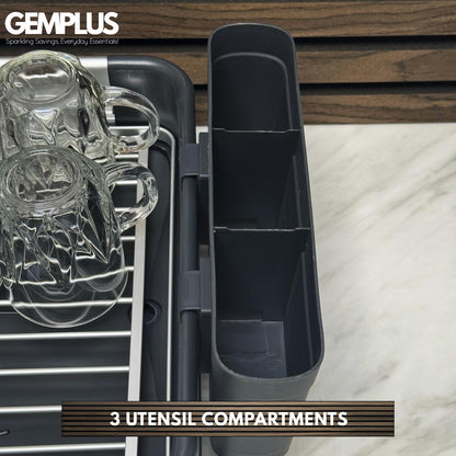 GEM+ | Expanding Dish Drying Rack with 3 Utensil Compartments - Rotatable Spout