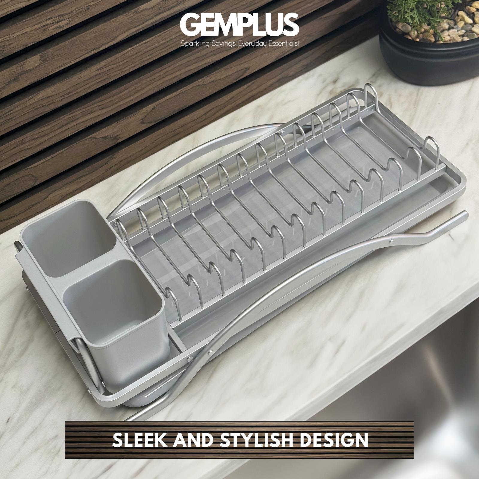 GEM+ | Premium Aluminum Dish Drying Rack Utensil Holder Hang Holes & Rust Proof