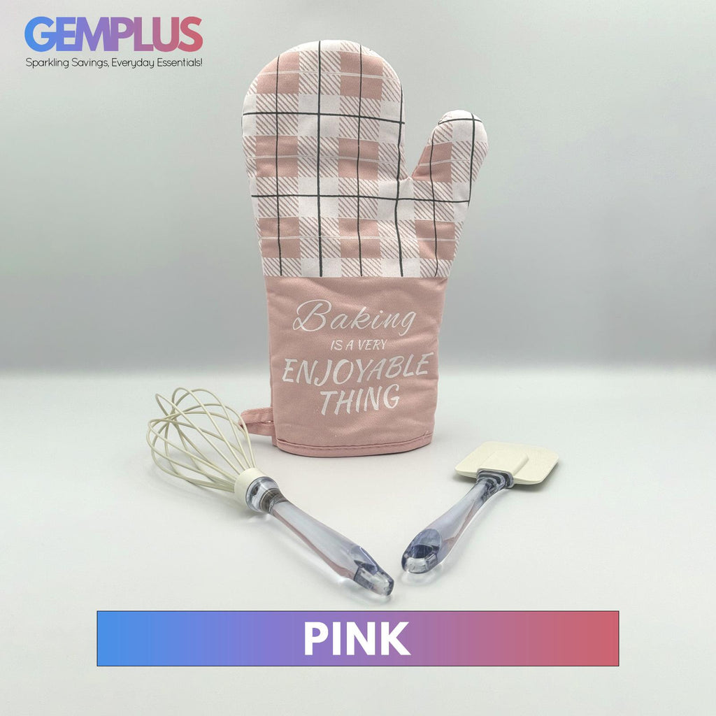 GEM+ | 3-Piece Baking Set - Oven Mitt, Whisk, Spatula - Pink/White & Green/Grey