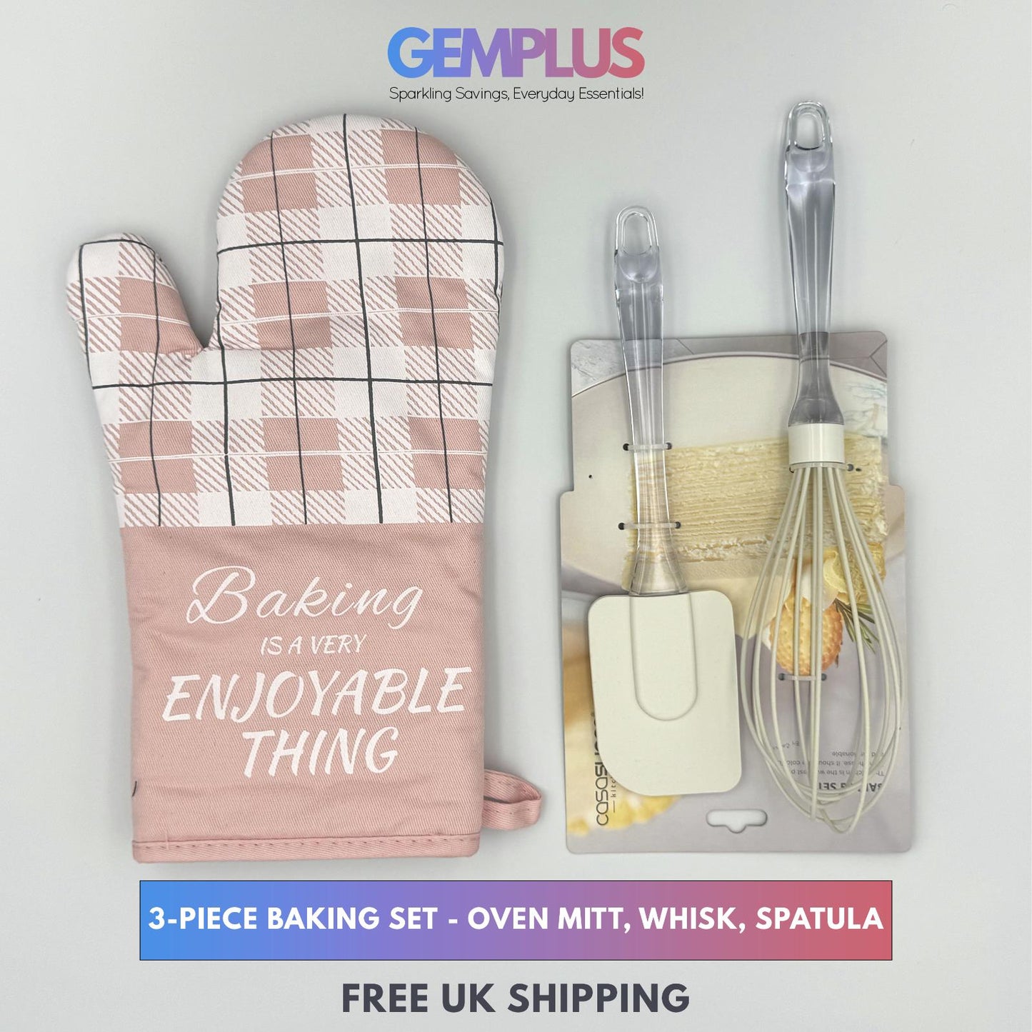GEM+ | 3-Piece Baking Set - Oven Mitt, Whisk, Spatula - Pink/White & Green/Grey