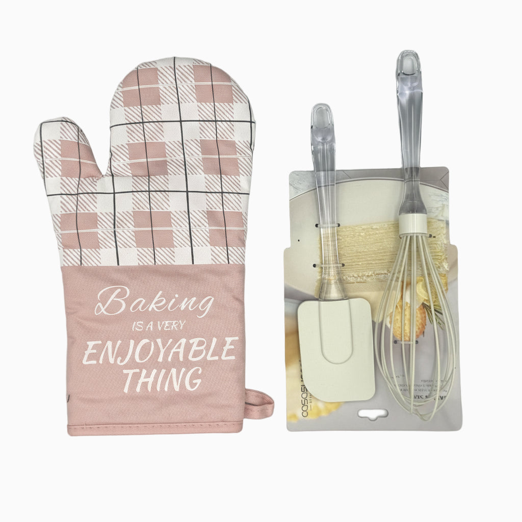 GEM+ | 3-Piece Baking Set - Oven Mitt, Whisk, Spatula - Pink/White & Green/Grey