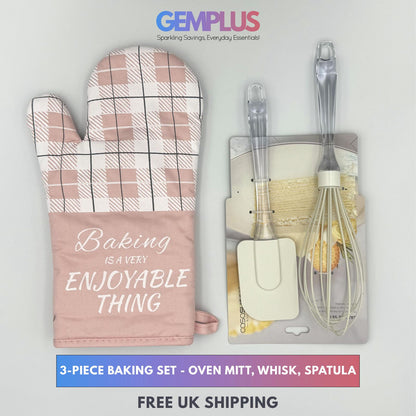 GEM+ | 3-Piece Baking Set - Oven Mitt, Whisk, Spatula - Pink/White & Green/Grey
