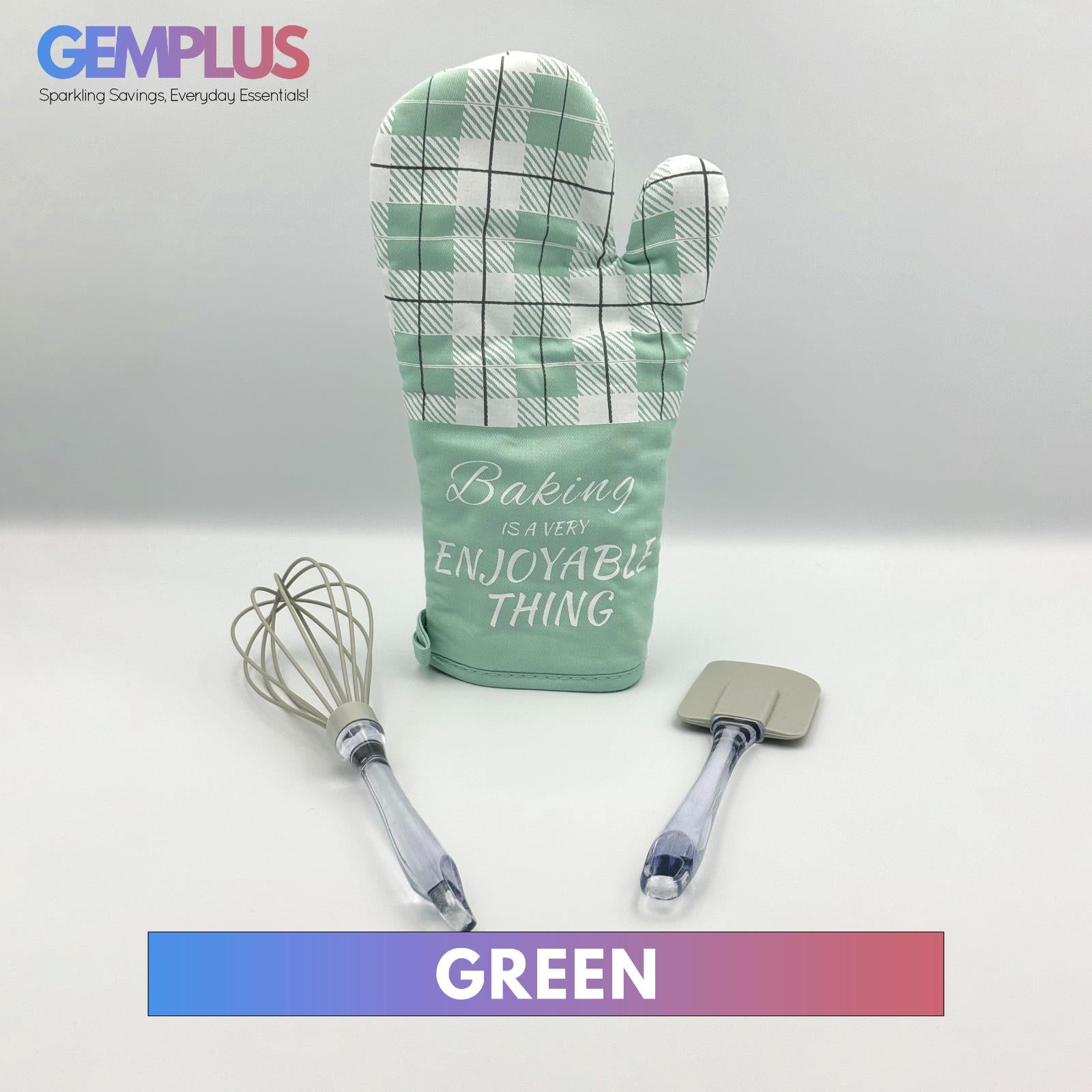 GEM+ | 3-Piece Baking Set - Oven Mitt, Whisk, Spatula - Pink/White & Green/Grey