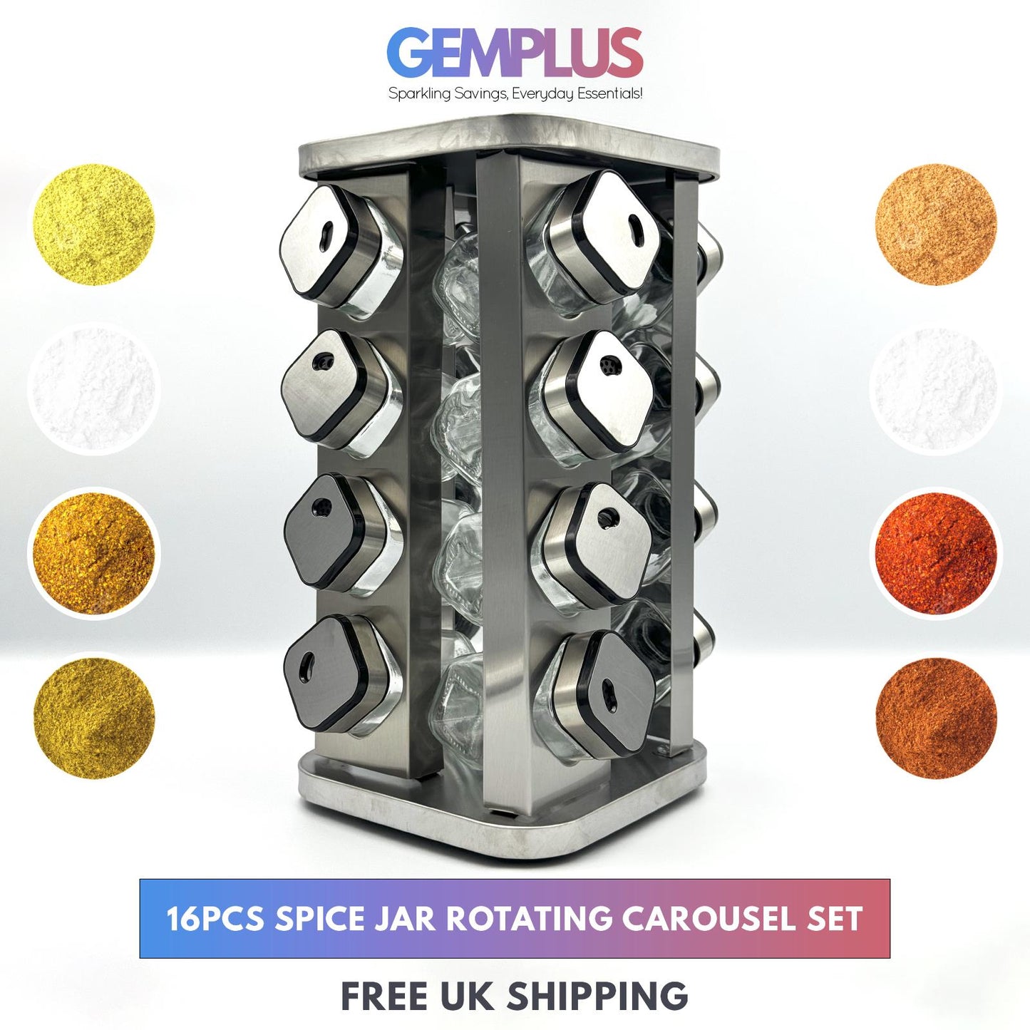 GEM+ | 16pcs Premium Stainless Steel Spice Jar With Rotating Carousel Stand Set