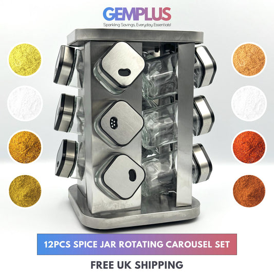 GEM+ | 12pcs Premium Stainless Steel Spice Jar With Rotating Carousel Stand Set