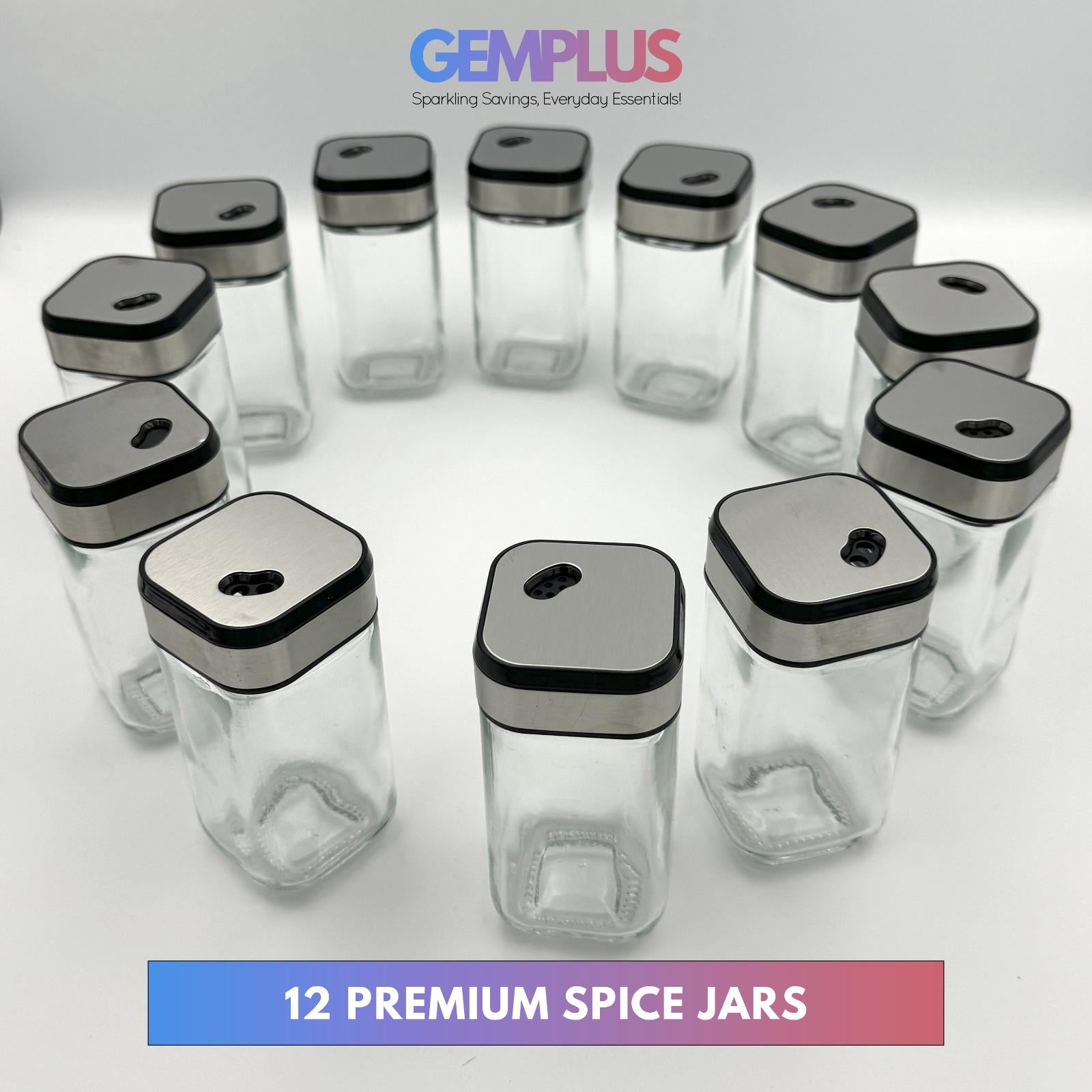 GEM+ | 12pcs Premium Stainless Steel Spice Jar With Rotating Carousel Stand Set