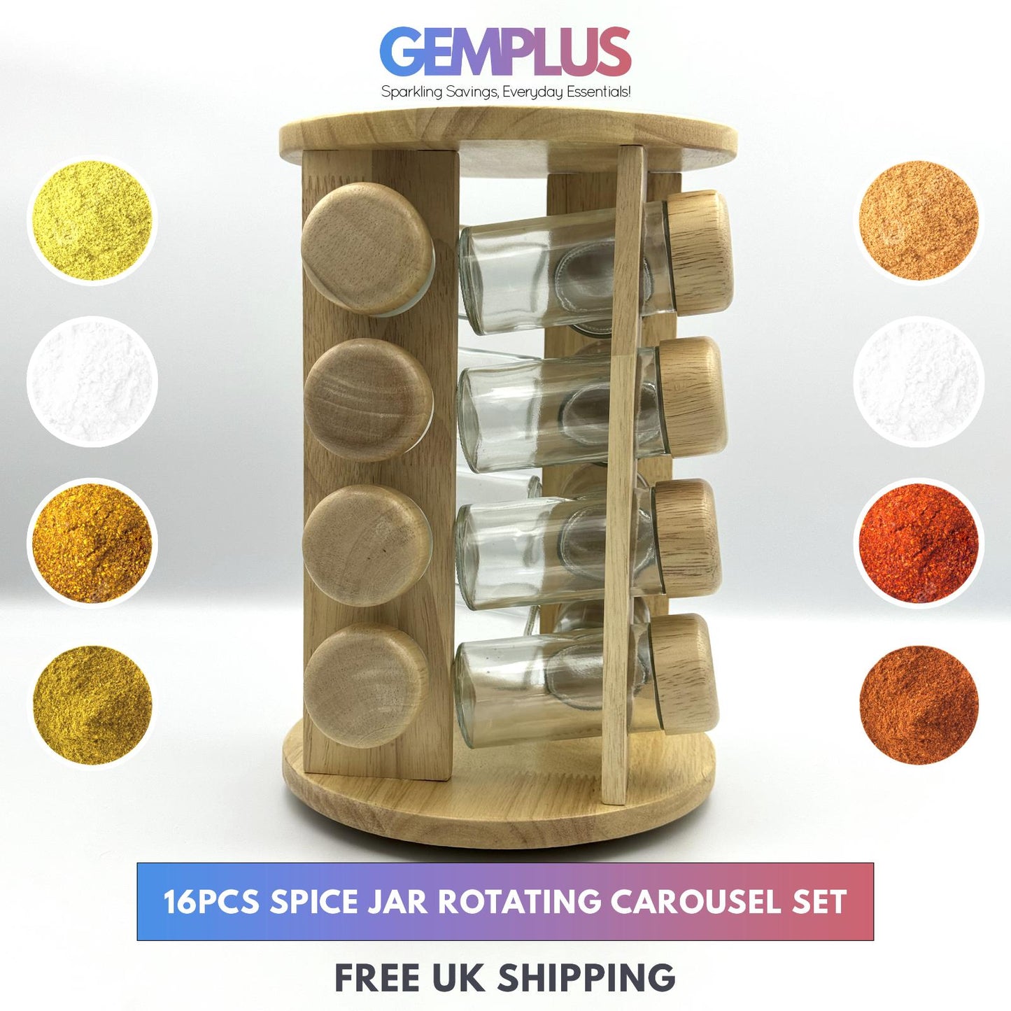 GEM+ | 16pcs Premium Wooden Spice Jar Set with Rotating Carousel Stand - Elegant