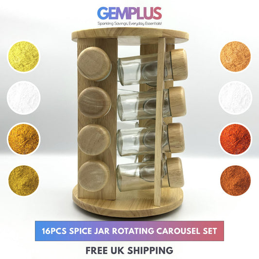 GEM+ | 16pcs Premium Wooden Spice Jar Set with Rotating Carousel Stand - Elegant