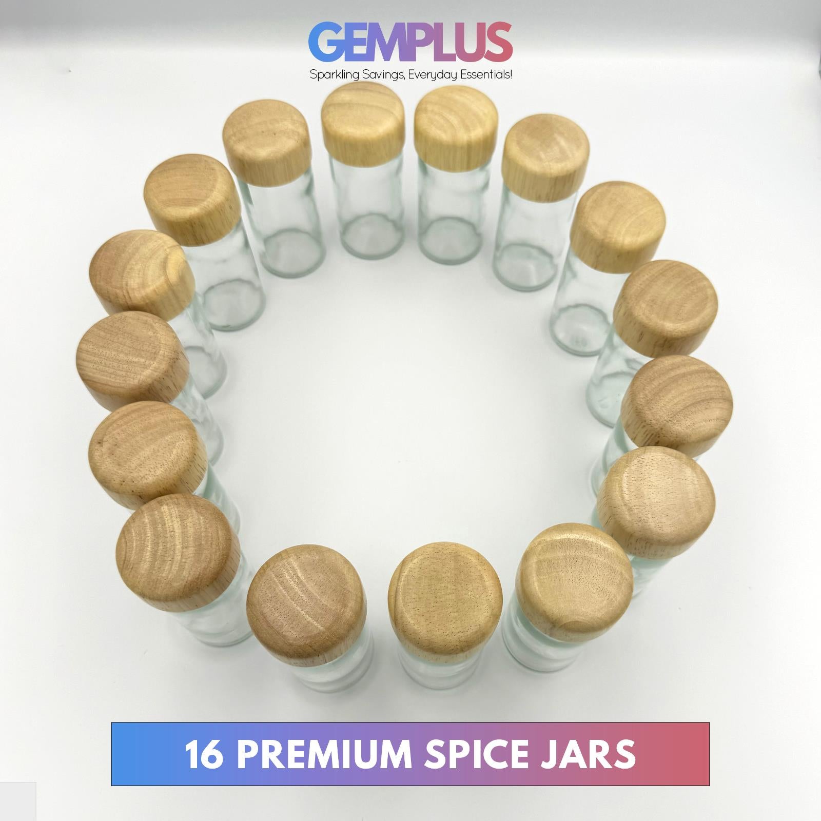 GEM+ | 16pcs Premium Wooden Spice Jar Set with Rotating Carousel Stand - Elegant