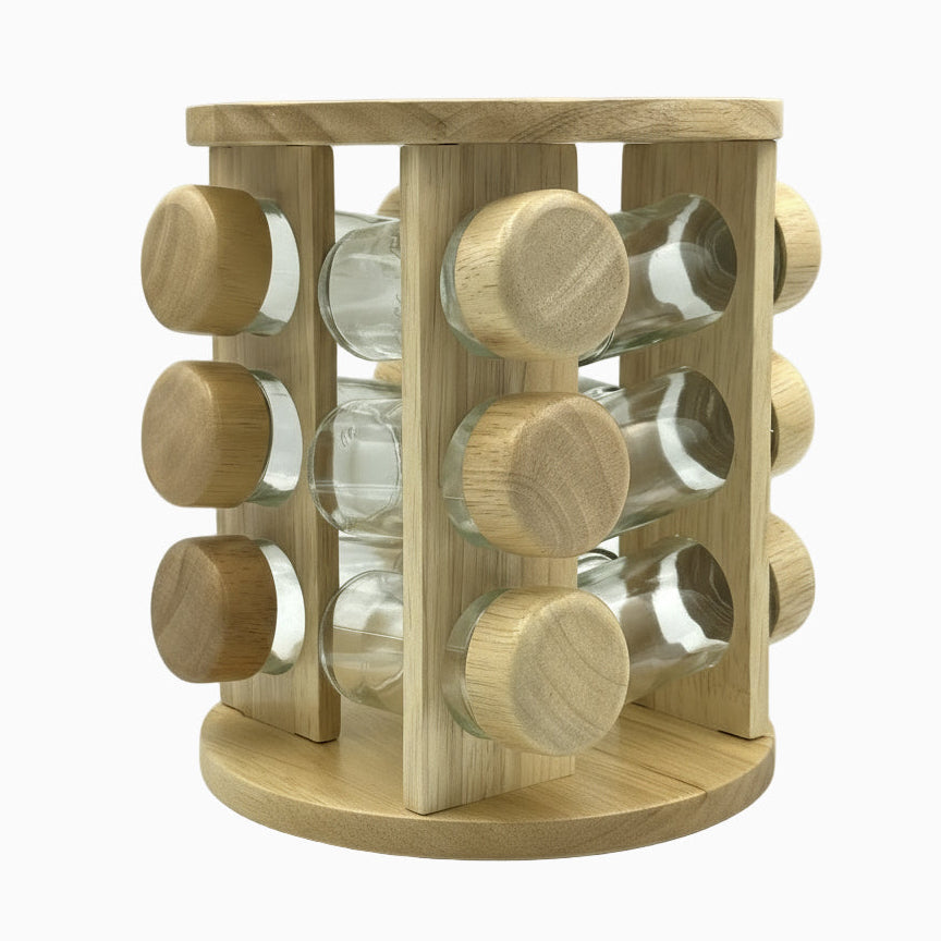 GEM+ | 12pcs Premium Wooden Spice Jar Set with Rotating Carousel Stand - Elegant