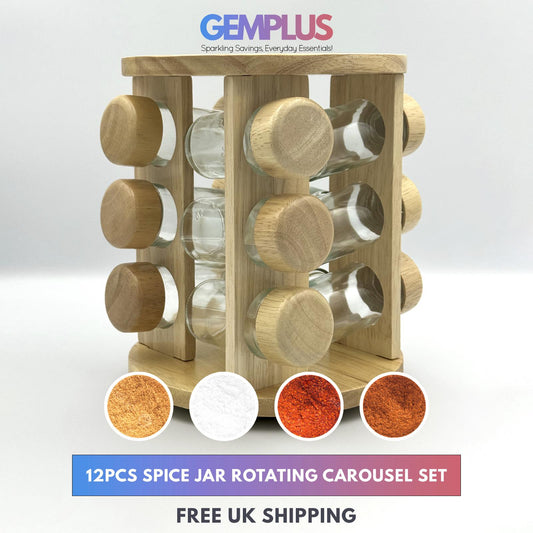 GEM+ | 12pcs Premium Wooden Spice Jar Set with Rotating Carousel Stand - Elegant