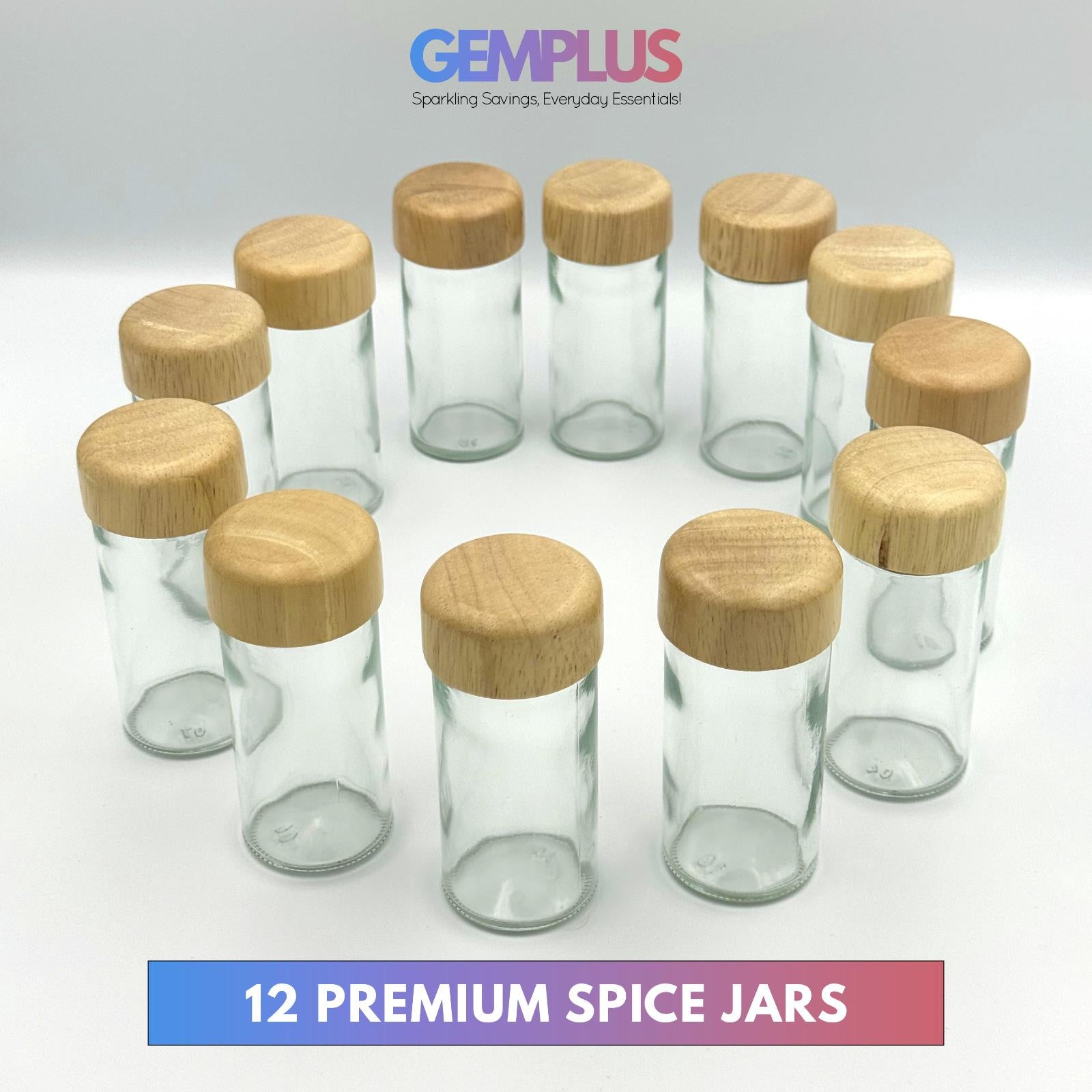 GEM+ | 12pcs Premium Wooden Spice Jar Set with Rotating Carousel Stand - Elegant