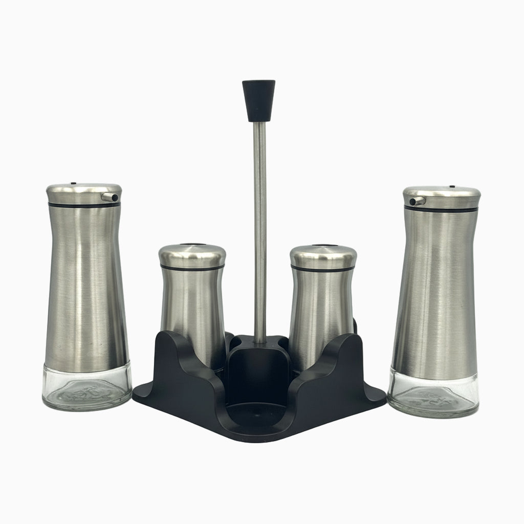 GEM+ | Premium Stainless Steel Oil Vinegar Salt Pepper Dispenser  - 4pcs + Stand