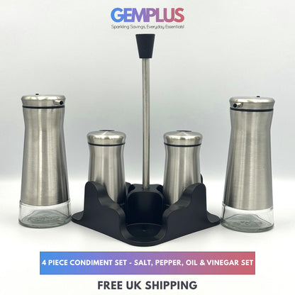 GEM+ | Premium Stainless Steel Oil Vinegar Salt Pepper Dispenser  - 4pcs + Stand