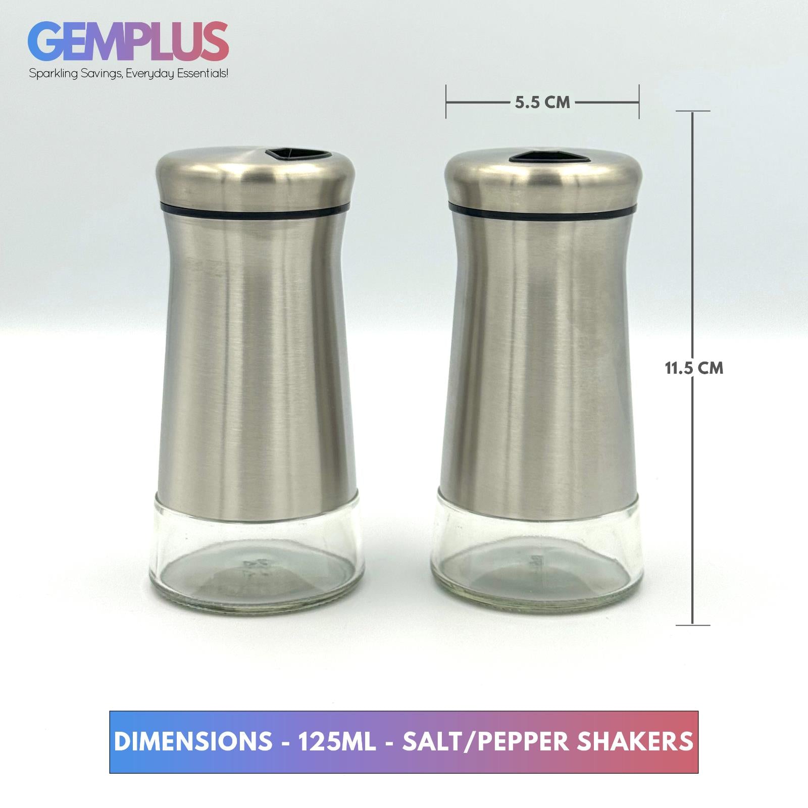 GEM+ | Premium Stainless Steel Oil Vinegar Salt Pepper Dispenser  - 4pcs + Stand