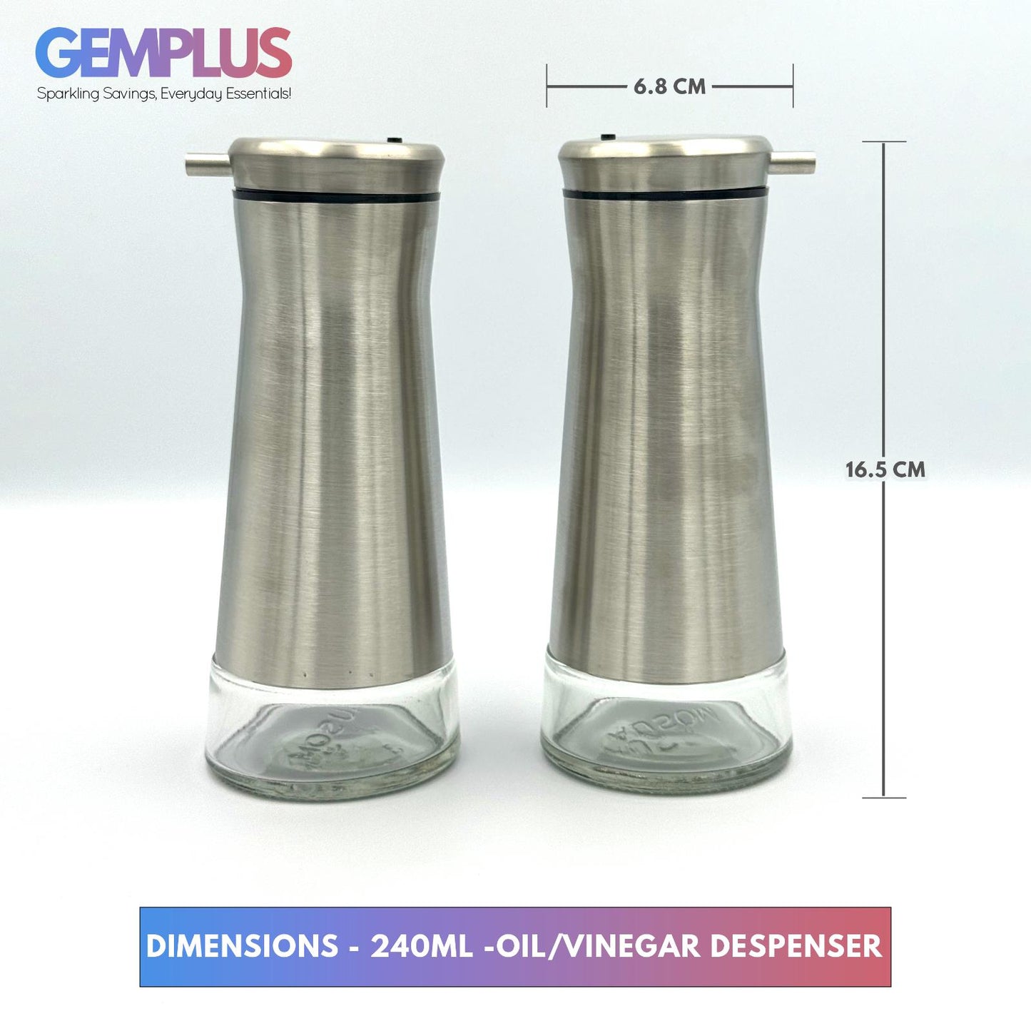 GEM+ | Premium Stainless Steel Oil Vinegar Salt Pepper Dispenser  - 4pcs + Stand