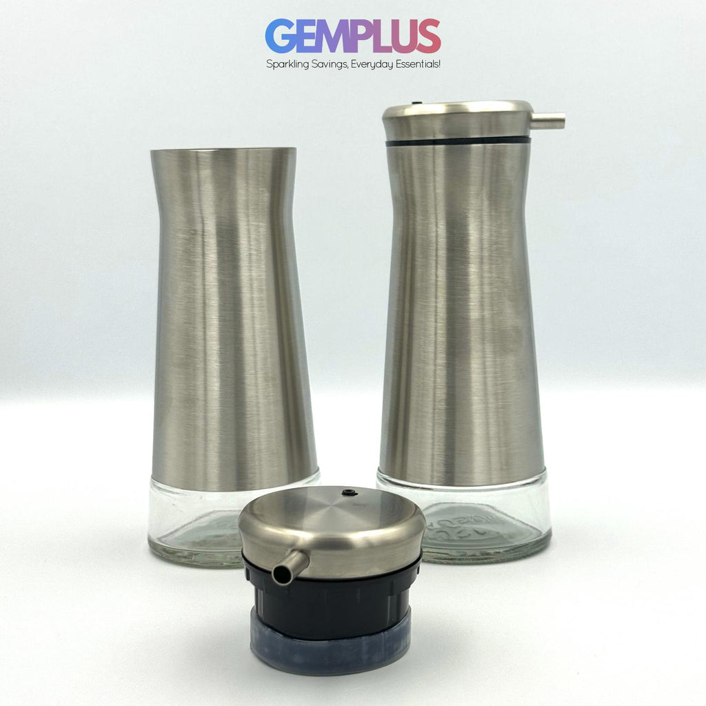 GEM+ | Premium Stainless Steel Oil Vinegar Salt Pepper Dispenser  - 4pcs + Stand