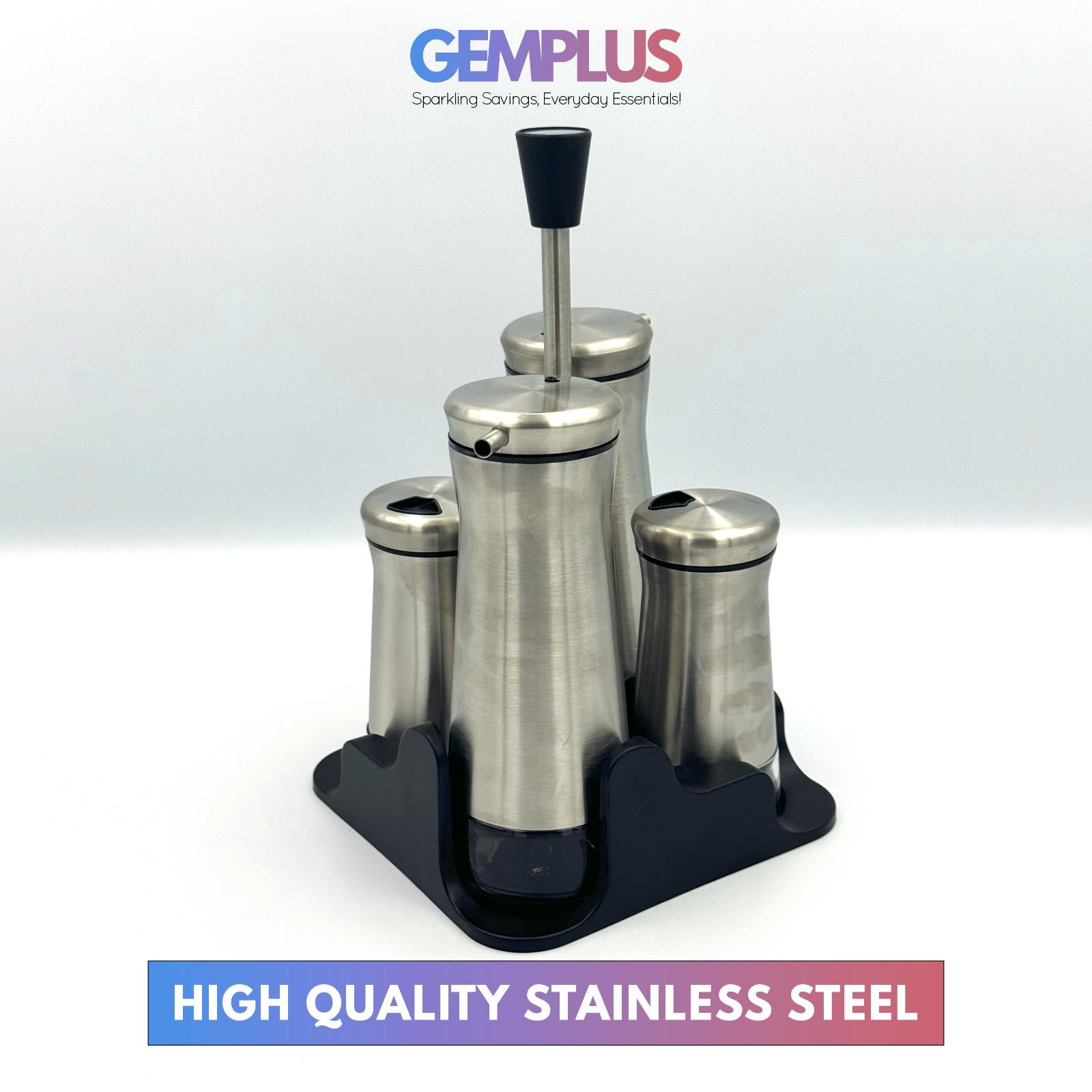 GEM+ | Premium Stainless Steel Oil Vinegar Salt Pepper Dispenser  - 4pcs + Stand