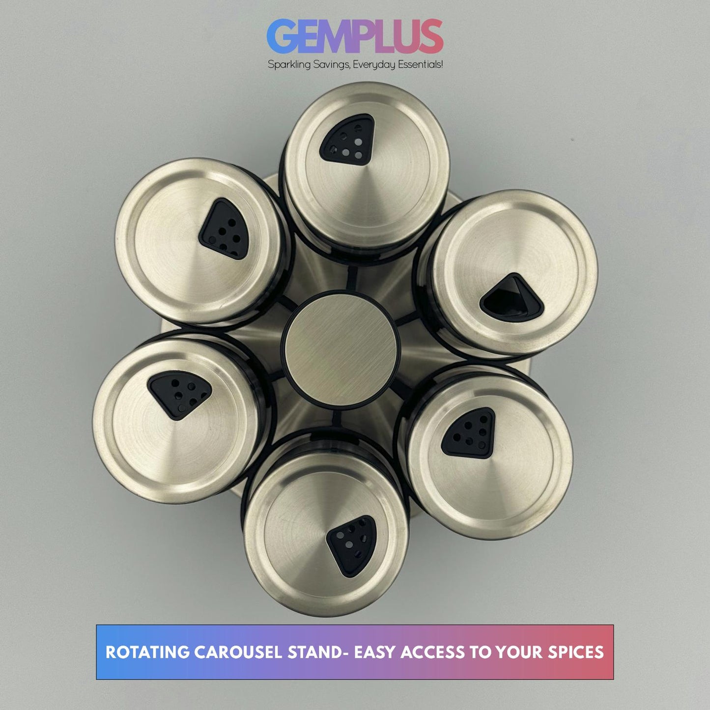 GEM+ | Premium Stainless Steel 6pcs Spice Jar Rotating Carousel Stand Elegant