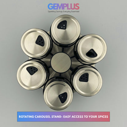 GEM+ | Premium Stainless Steel 6pcs Spice Jar Rotating Carousel Stand Elegant