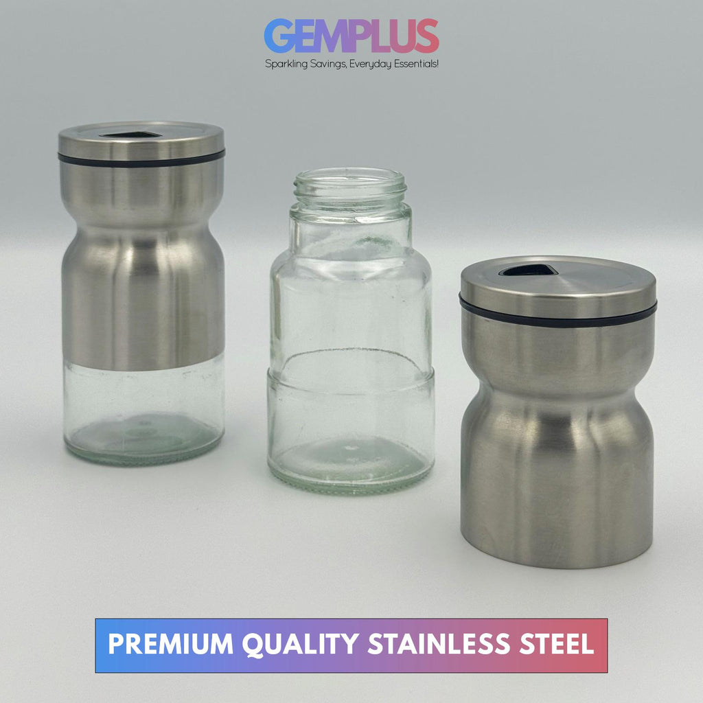 GEM+ | Premium Stainless Steel Oil Vinegar Salt Pepper Dispenser 4pcs + Stand