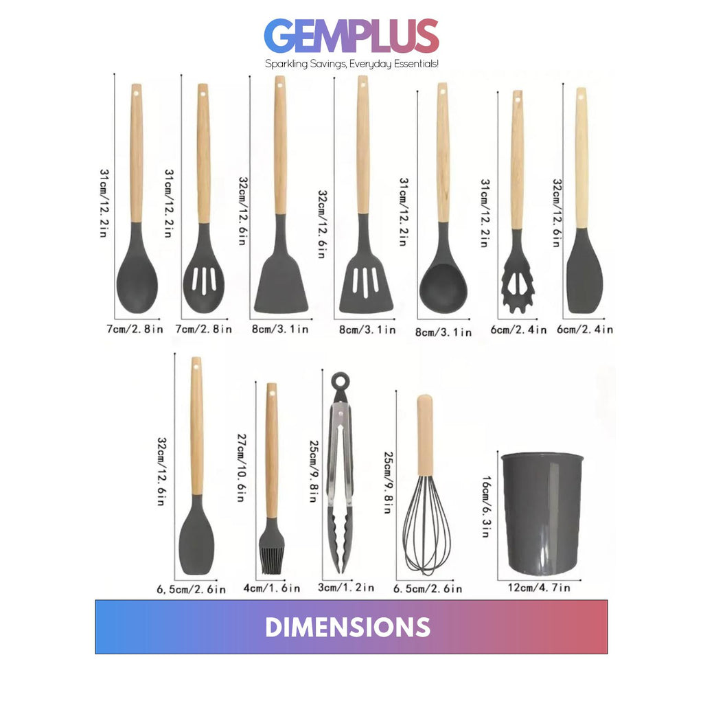 GEM+ | Premium 12-Piece Cooking & Baking Utensil Set Silicone Non-Stick BPA-FREE- Black
