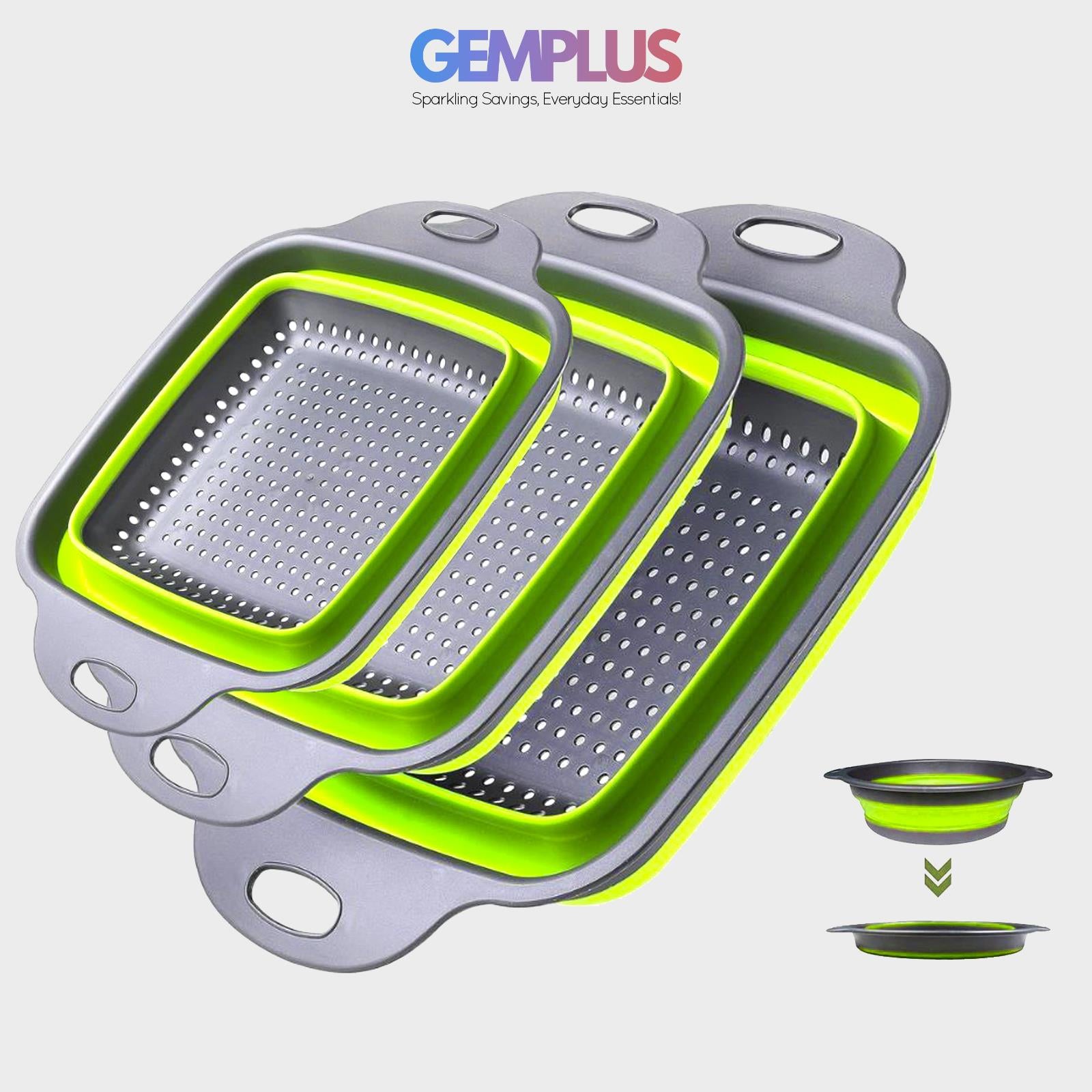 GEM+ | 3-Piece Square Collapsible Colander Set – Space-Saving BPA-Free
