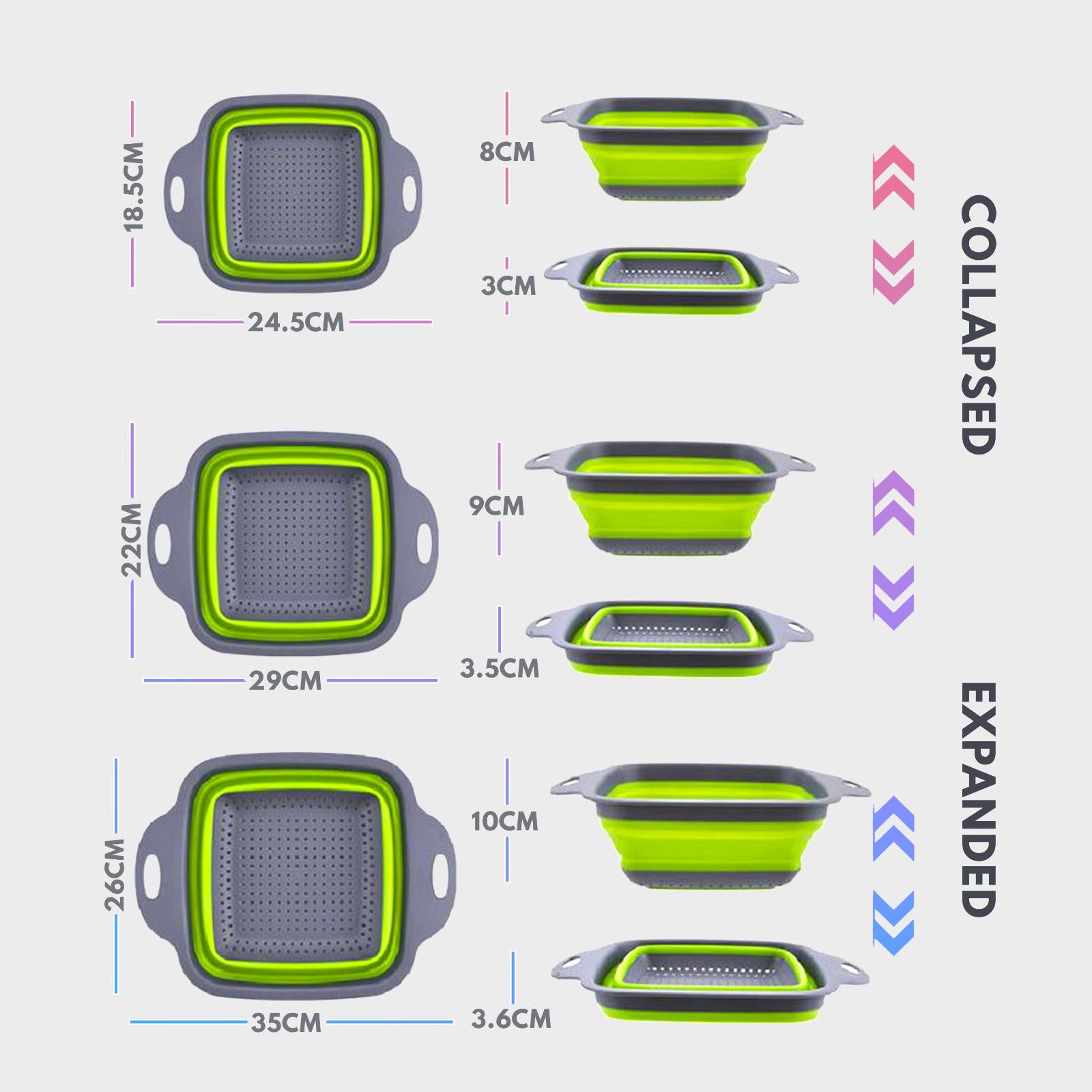 GEM+ | 3-Piece Square Collapsible Colander Set – Space-Saving BPA-Free