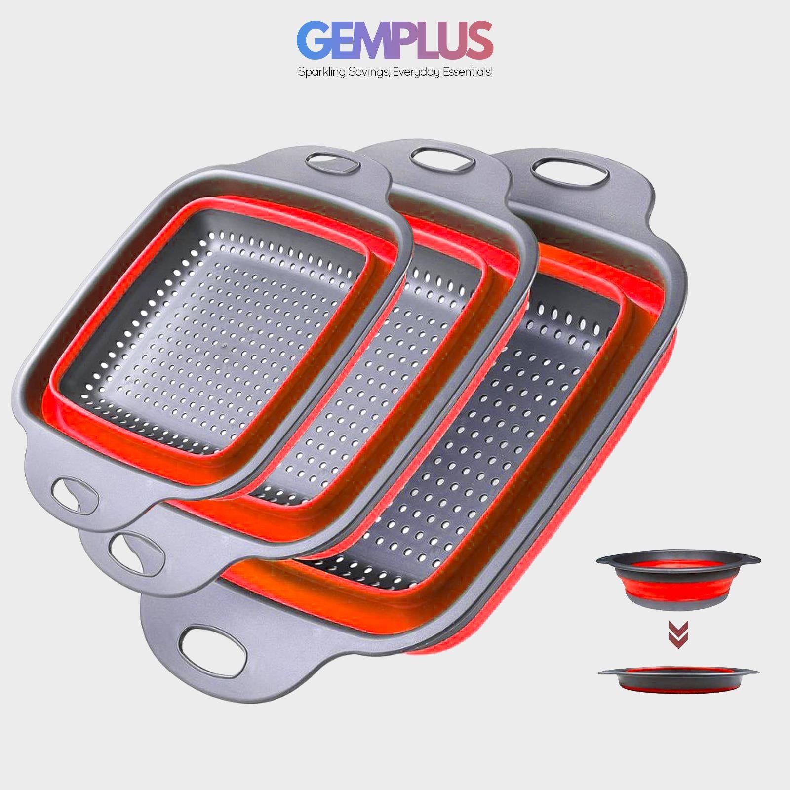 GEM+ | 3-Piece Square Collapsible Colander Set – Space-Saving BPA-Free