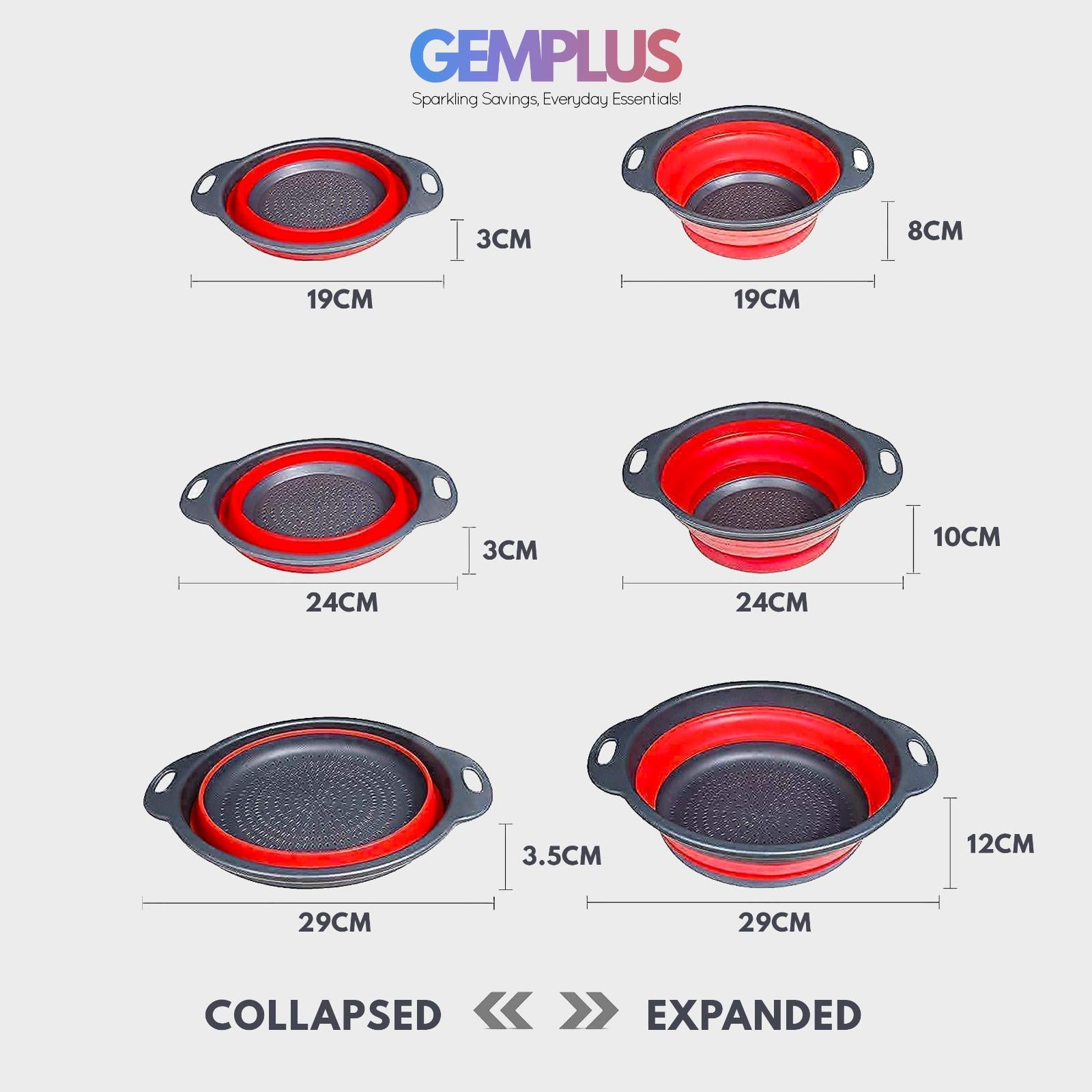 GEM+ | 3-Piece Collapsible Colander Set – Space-Saving BPA-Free Premium Silicone