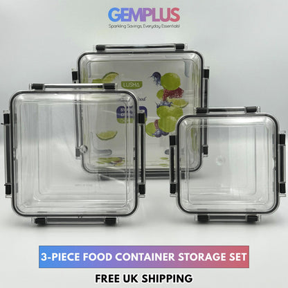 GEM+ | 3-Piece Square Food Container Storage Set – Durable BPA-Free, Lock & Seal