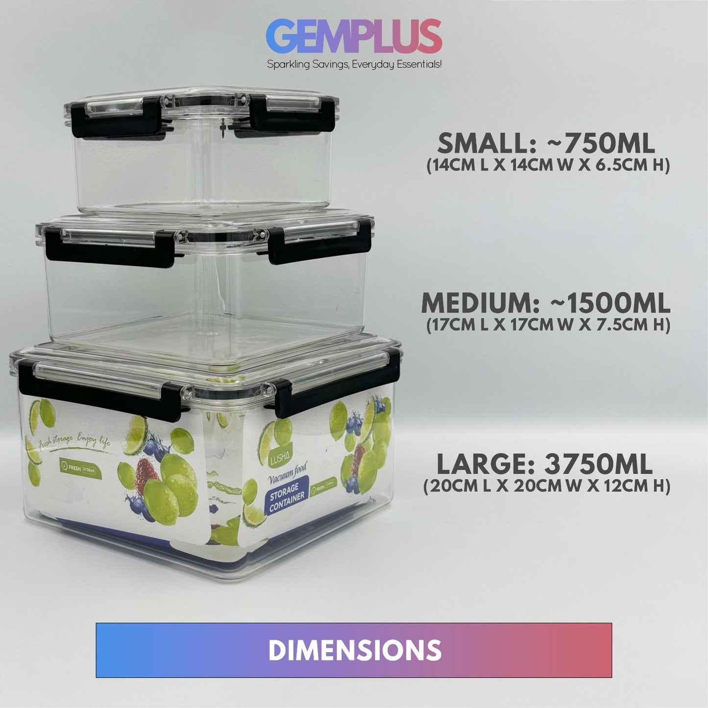 GEM+ | 3-Piece Square Food Container Storage Set – Durable BPA-Free, Lock & Seal