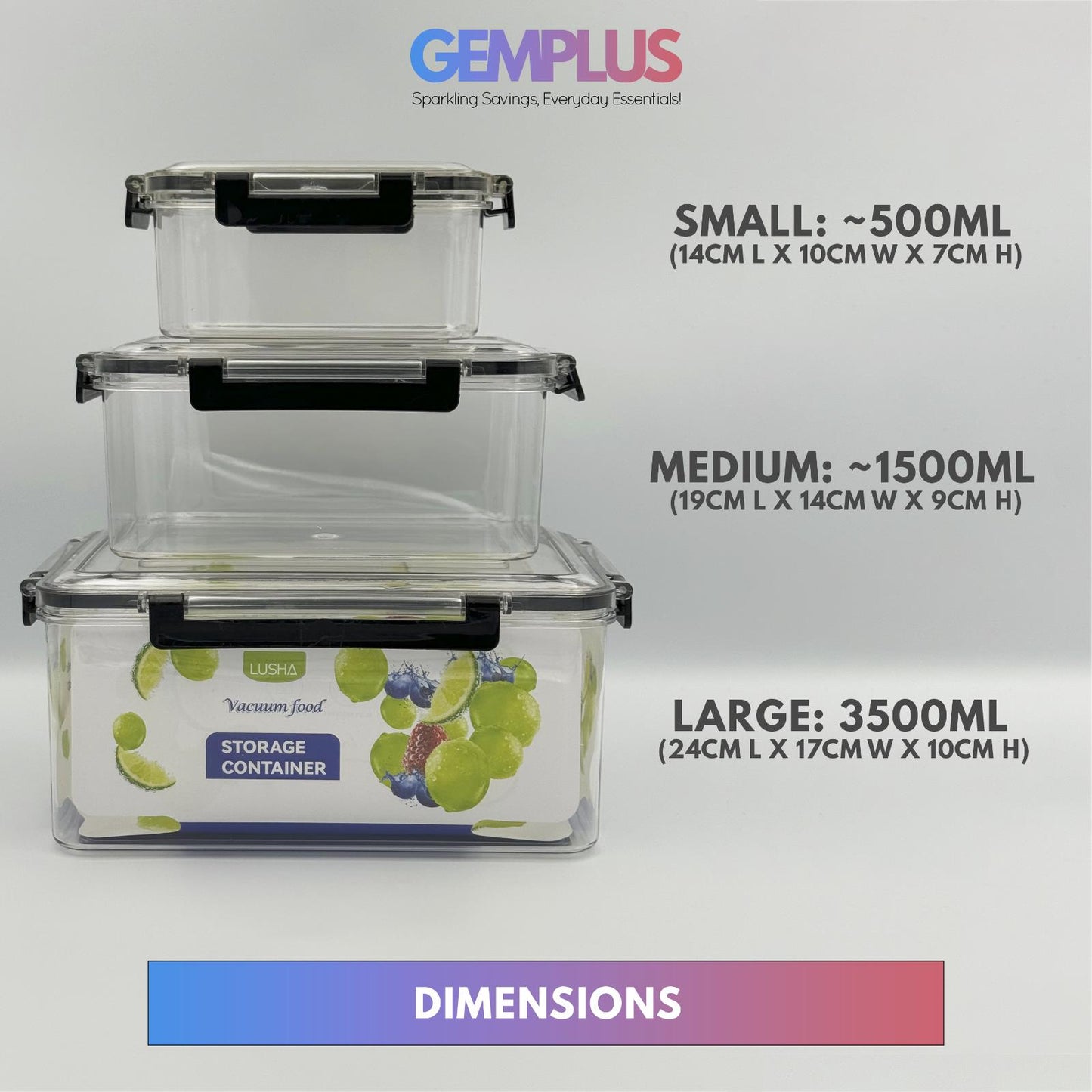 GEM+ | 3-Piece Square Food Container Storage Set – Durable BPA-Free, Lock & Seal