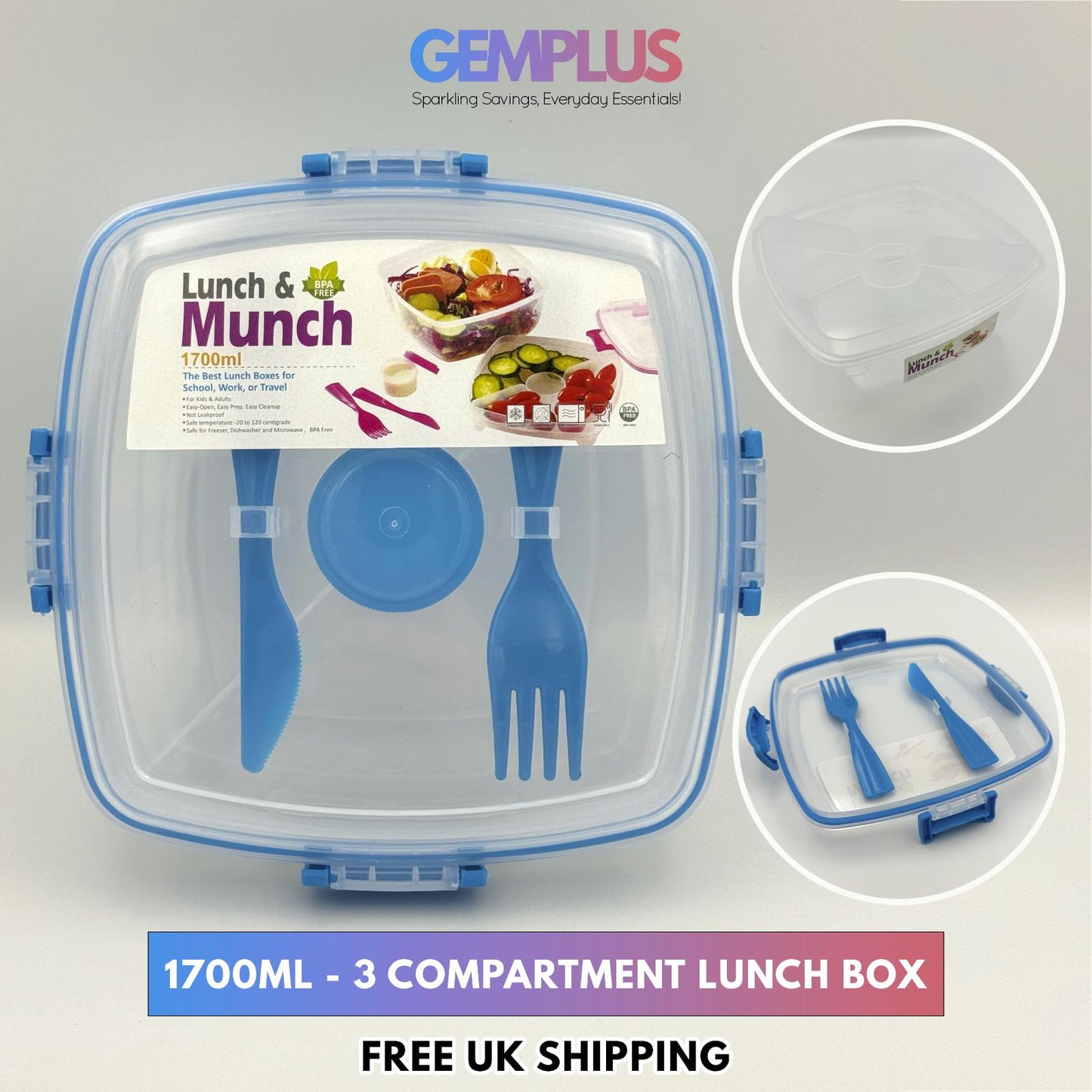 GEM+ | 3-Compartment 1700ML Lunch Box Set Sauce Bottle Fork & Knife – BPA FREE