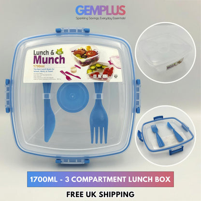 GEM+ | 3-Compartment 1700ML Lunch Box Set Sauce Bottle Fork & Knife – BPA FREE
