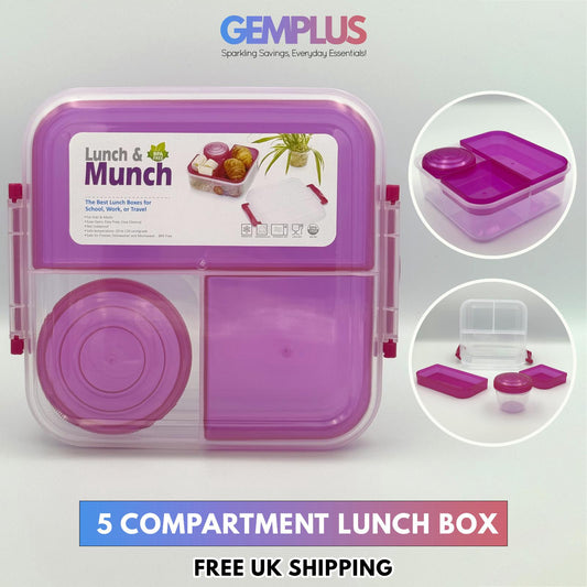 GEM+ | 5-Compartment Lunch Box with Mini Bottle – BPA-Free Durable Lock & Seal