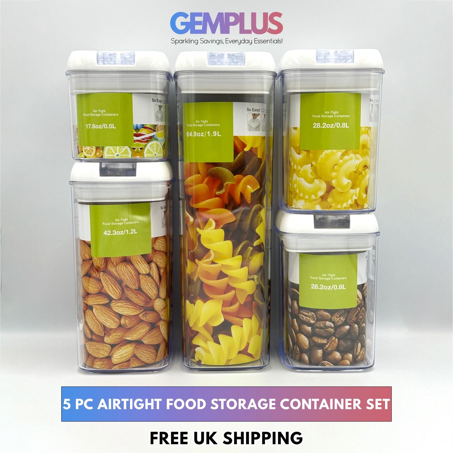 GEM+ | 5pc Premium Airtight Food Storage Container Set Stackable BPA FREE