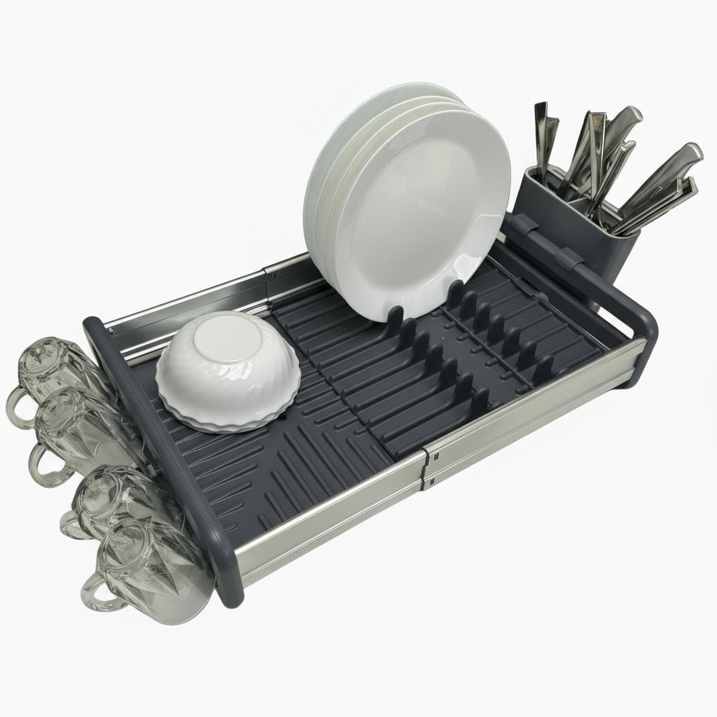 GEM+ | Expanding Dish Drying Rack with 3 Utensil Compartments Expandable Drainer