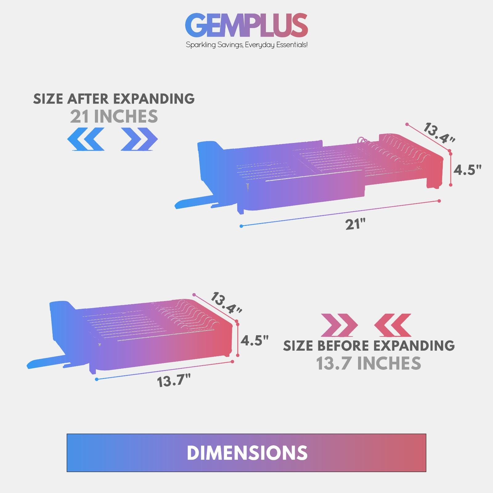 GEM+ | Expanding Dish Drying Rack with 3 Utensil Compartments Expandable Drainer
