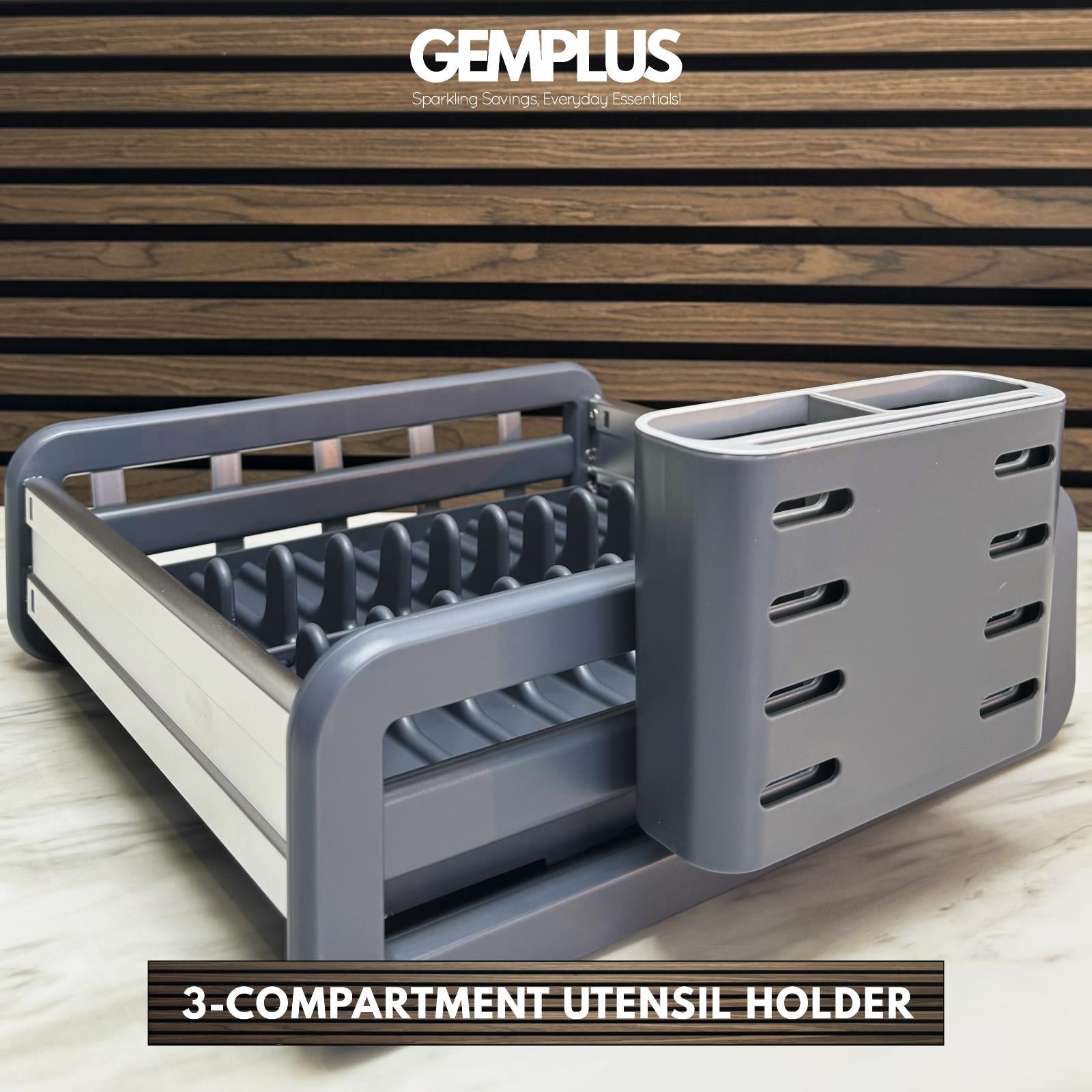 GEM+ | Expanding Dish Drying Rack with 3 Utensil Compartments Expandable Drainer