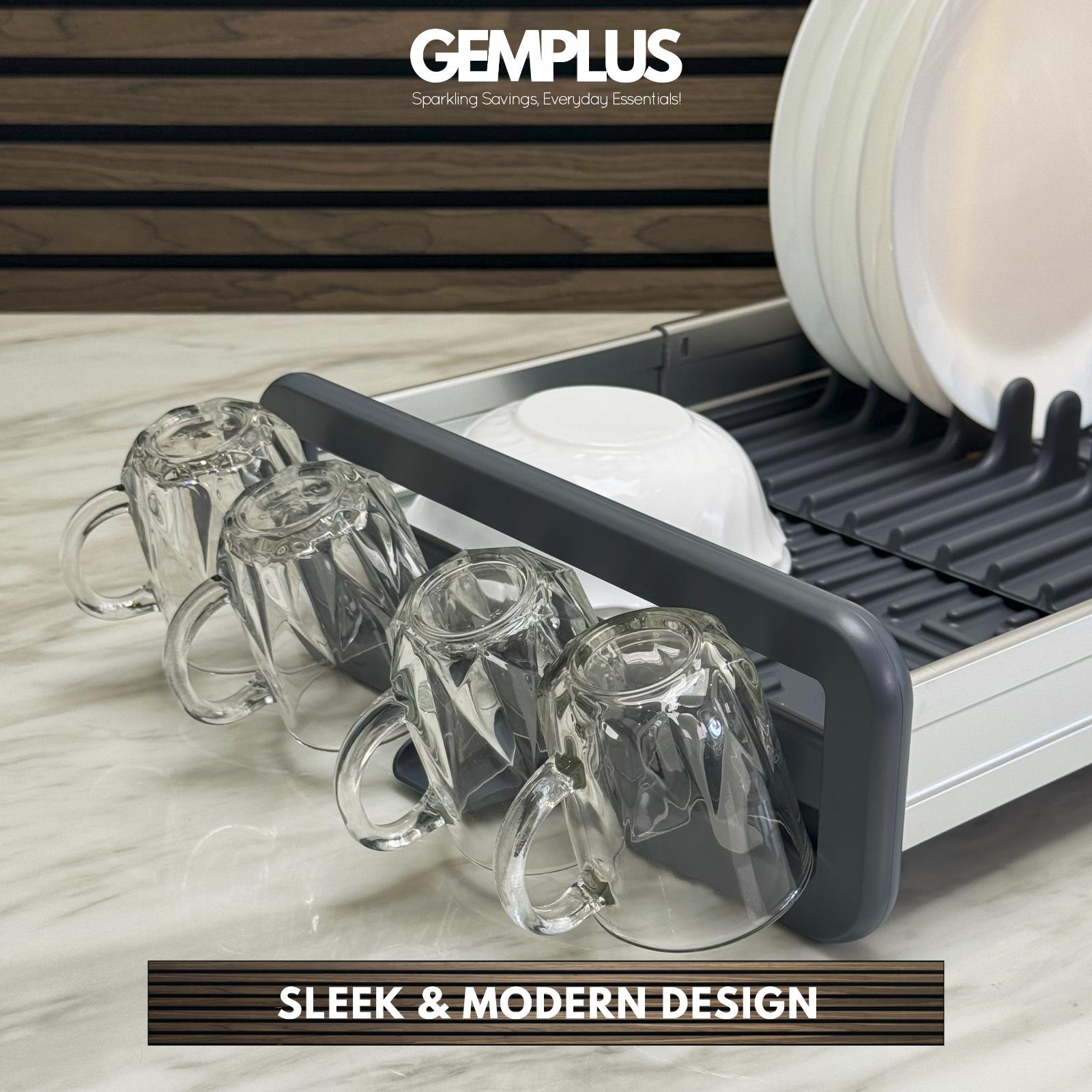 GEM+ | Expanding Dish Drying Rack with 3 Utensil Compartments Expandable Drainer