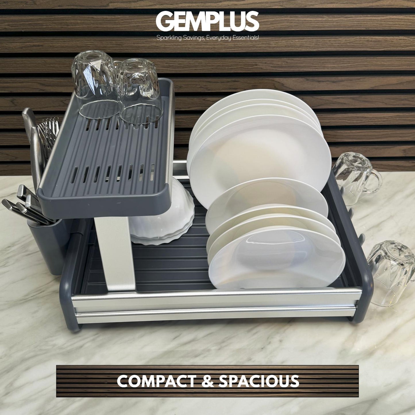 GEM+ | Premium Two-Tier Aluminum Dish Drying Rack - Dish Drainer