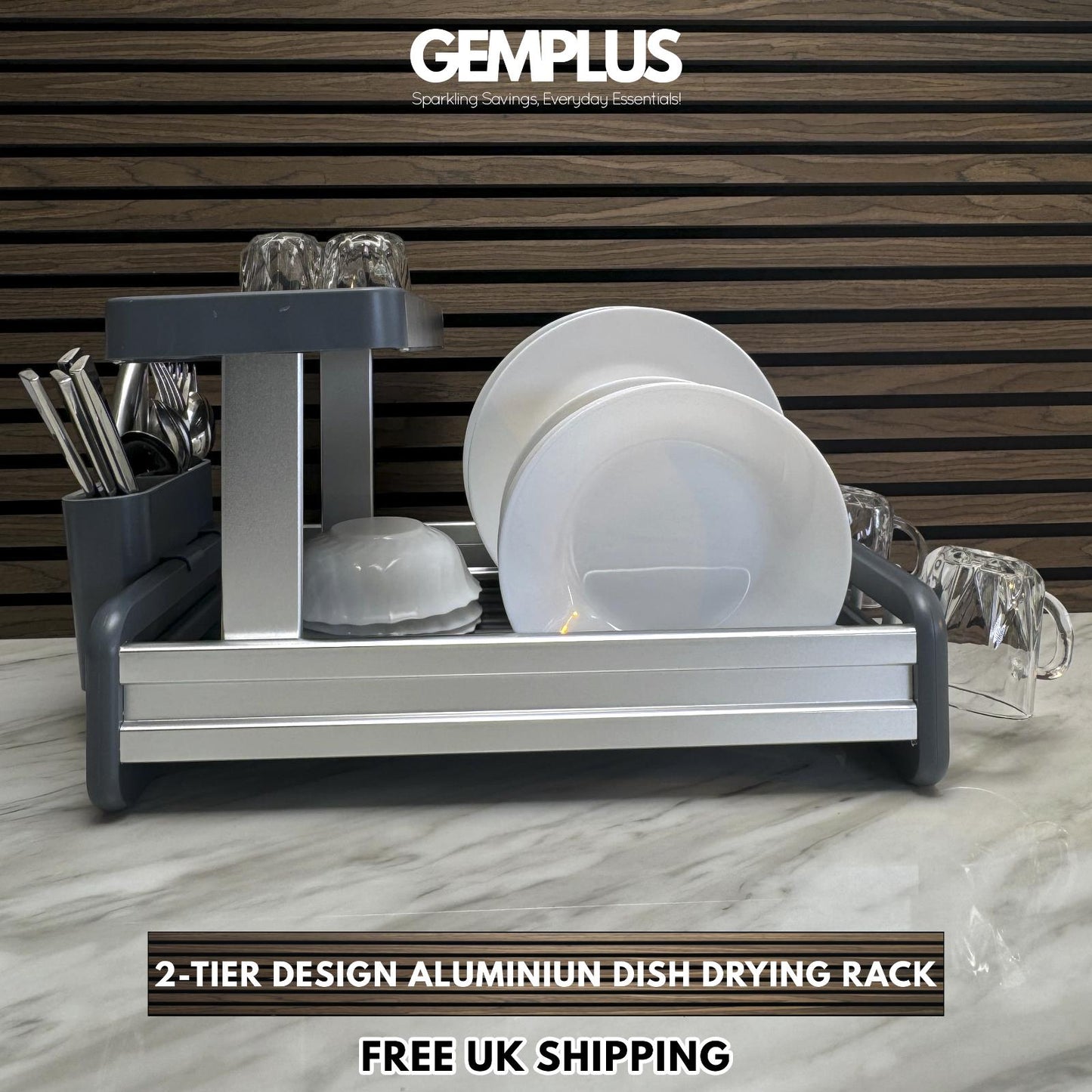 GEM+ | Premium Two-Tier Aluminum Dish Drying Rack - Dish Drainer