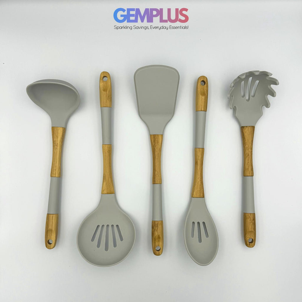 GEM+ | Premium 5 Pcs Wooden Silicone Utensil Set - Heat Resistant - Wood Grey