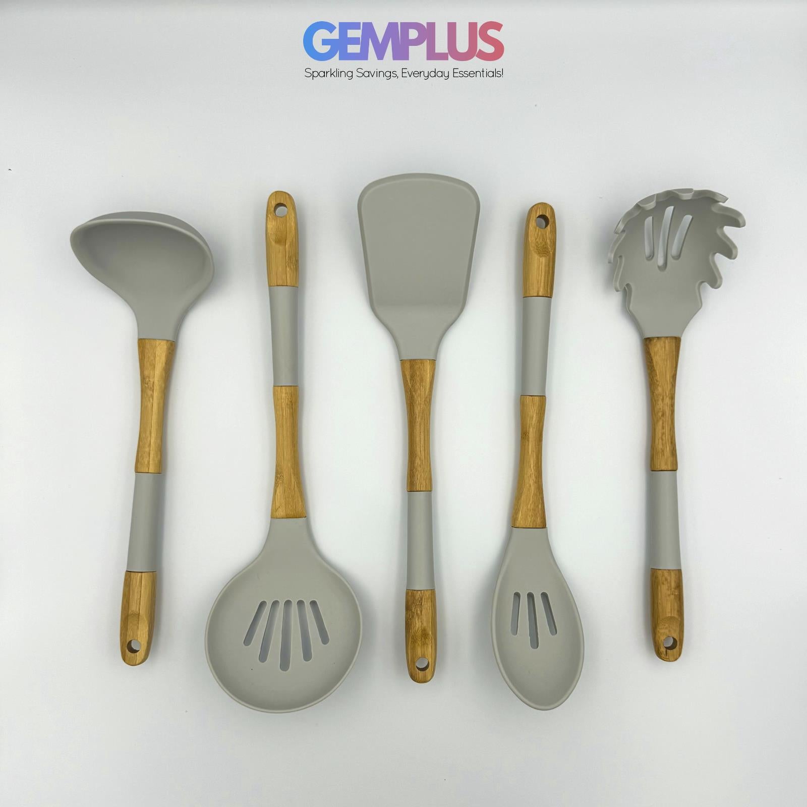 GEM+ | Premium 5 Pcs Wooden Silicone Utensil Set - Heat Resistant - Wood Grey