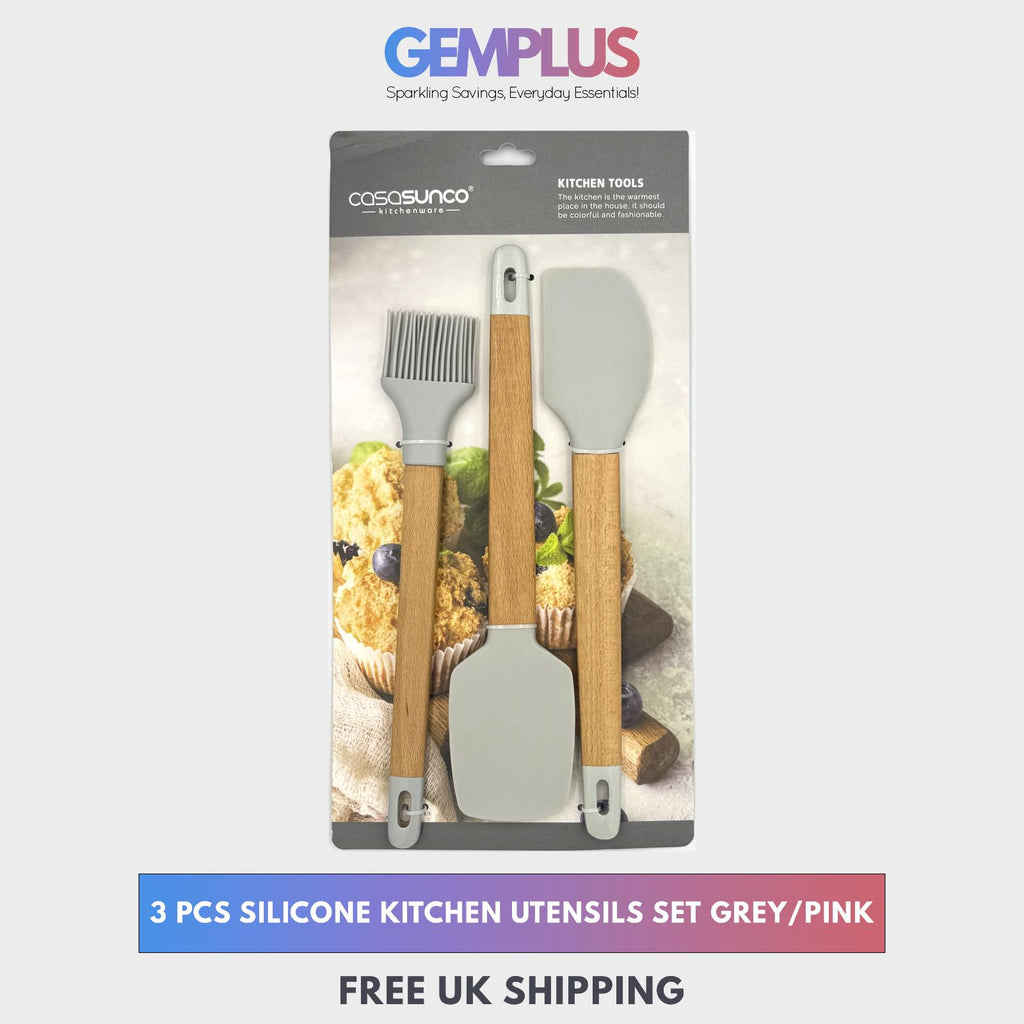 GEM+ | Premium Wooden/Silicone Utensil Set - 3 Piece Spatula Spoonula and Brush